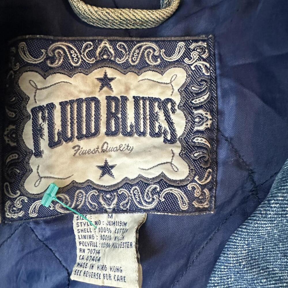 Vintage Fluid Blues denim jacket with green plaid hood & sleeves Size M - Picture 5 of 5
